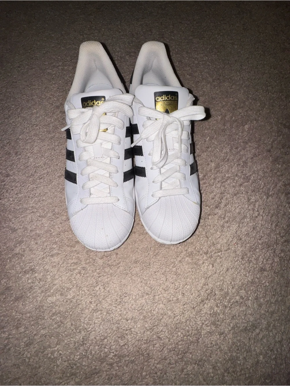 adidas womens White Sneakers with Black Stripes and Gold Logo